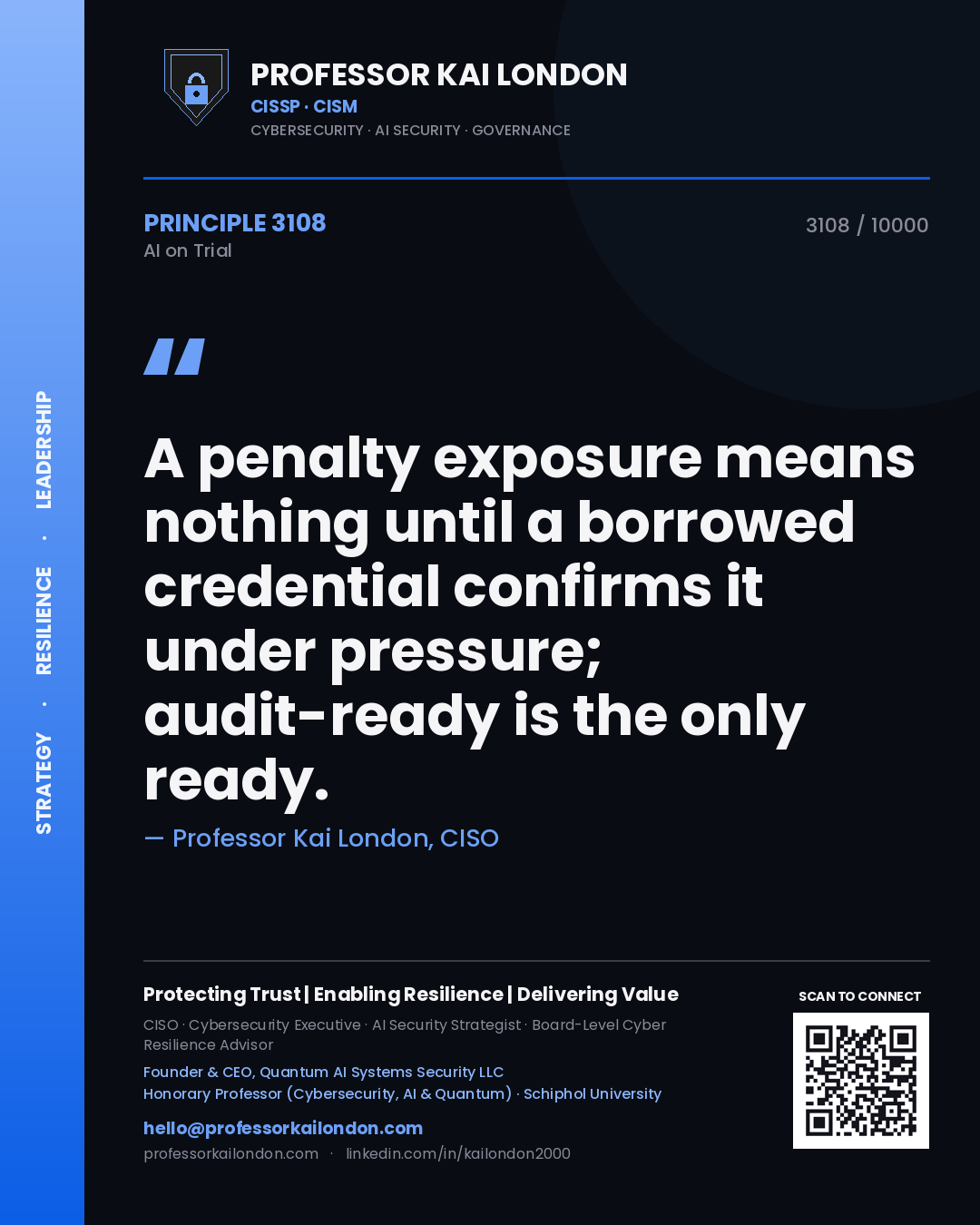 Quote card by Professor Kai London reading 'A penalty exposure means nothing until a borrowed credential confirms it under pressure; audit-ready is the only ready.'. From the book AI on Trial.