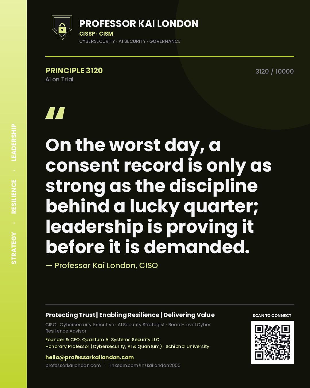 Professor Kai London principle 3120: On the worst day, a consent record is only as strong as the discipline behind a lucky quarter; leadership is proving it before it is demanded.