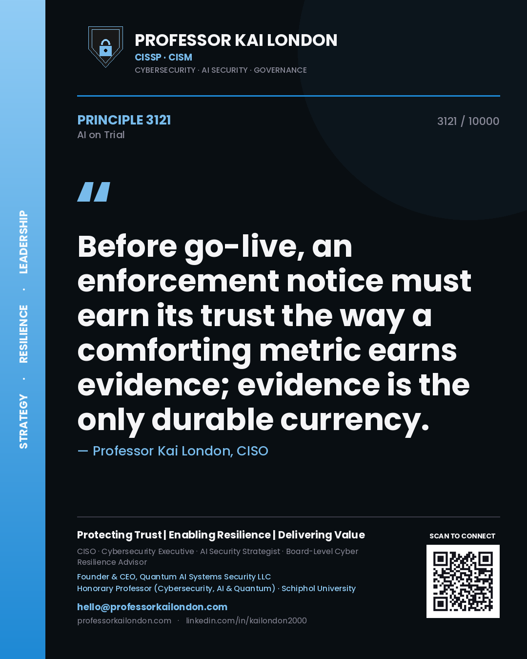 Professor Kai London principle 3121: Before go-live, an enforcement notice must earn its trust the way a comforting metric earns evidence; evidence is the only durable currency.