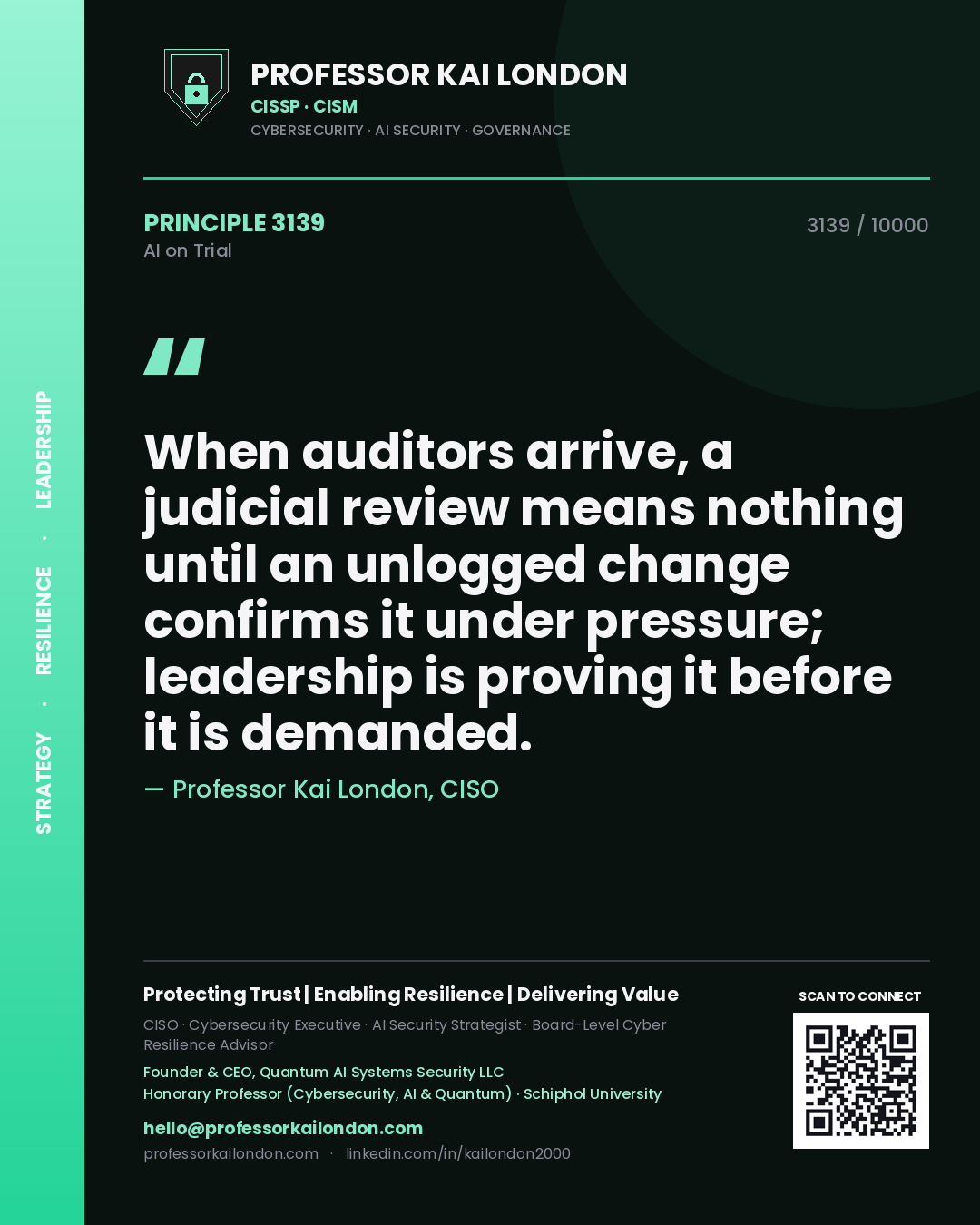 Professor Kai London principle 3139: When auditors arrive, a judicial review means nothing until an unlogged change confirms it under pressure; leadership is proving it before it is demanded.