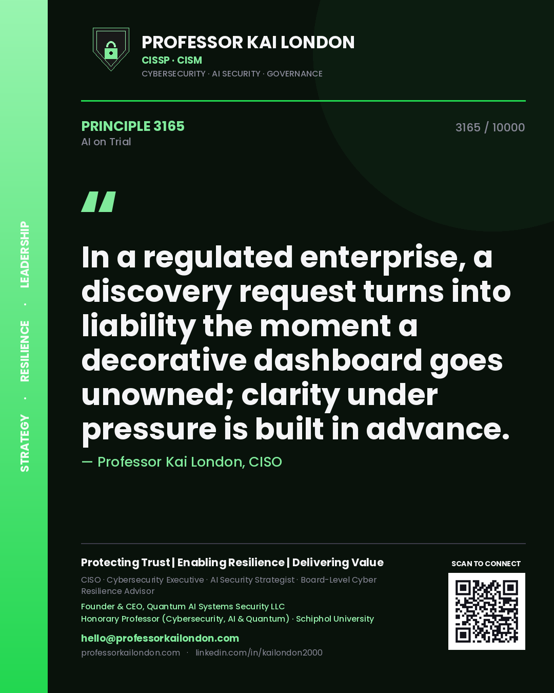 Professor Kai London principle 3165: In a regulated enterprise, a discovery request turns into liability the moment a decorative dashboard goes unowned; clarity under pressure is built in advance.