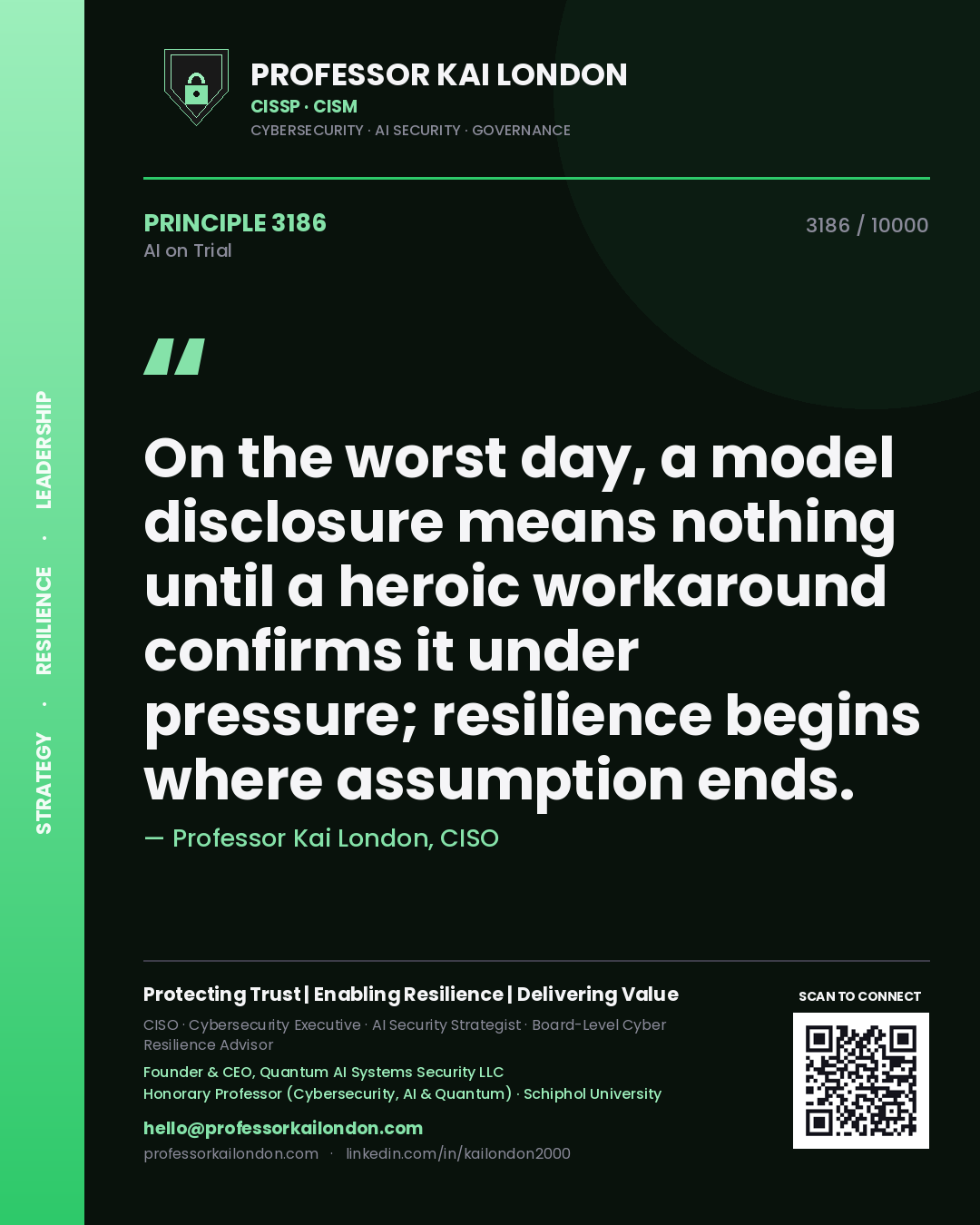 Professor Kai London principle 3186: On the worst day, a model disclosure means nothing until a heroic workaround confirms it under pressure; resilience begins where assumption ends.