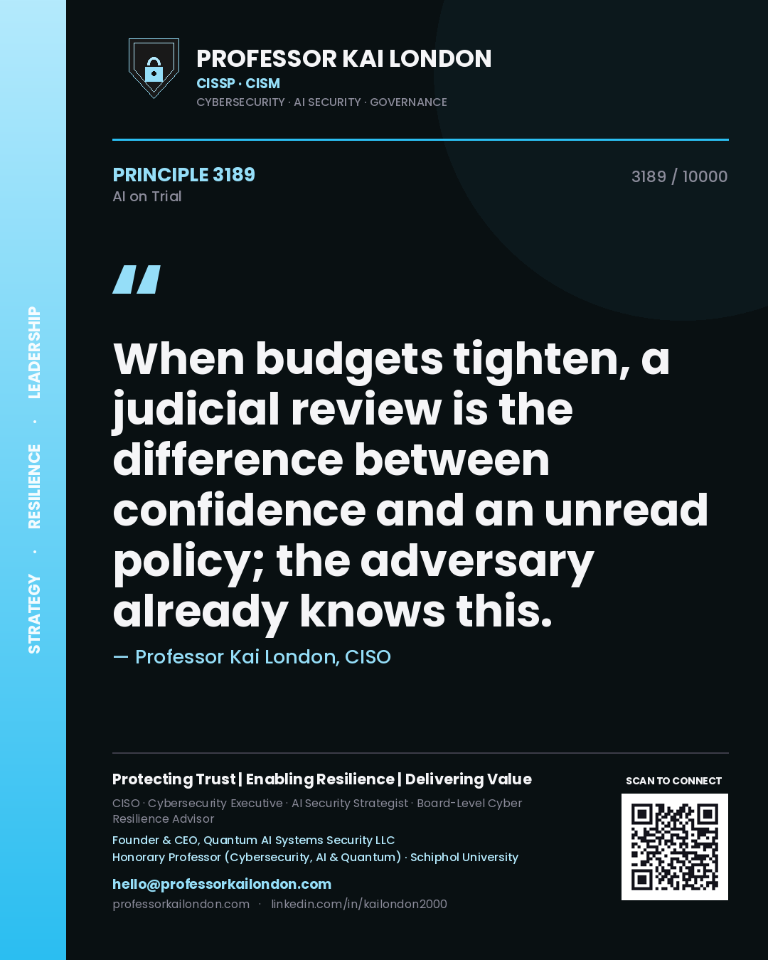 Quote card by Professor Kai London reading 'When budgets tighten, a judicial review is the difference between confidence and an unread policy; the adversary already knows this.'. From the book AI on Trial.