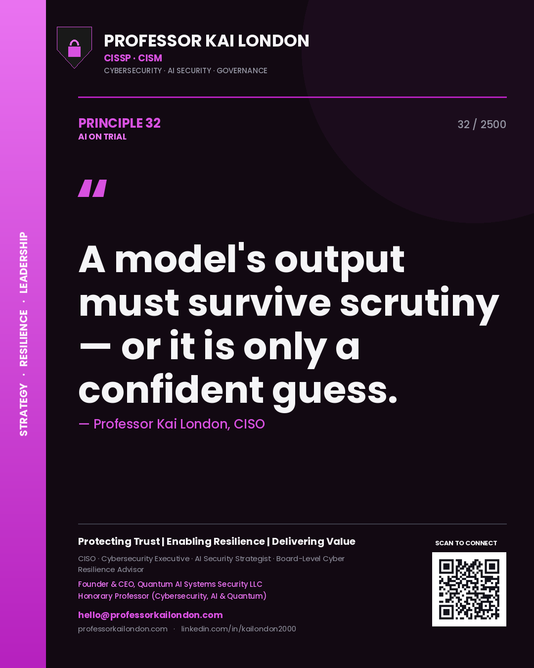 Quote card by Professor Kai London reading 'A model's output must survive scrutiny — or it is only a confident guess.'. From the book AI on Trial.