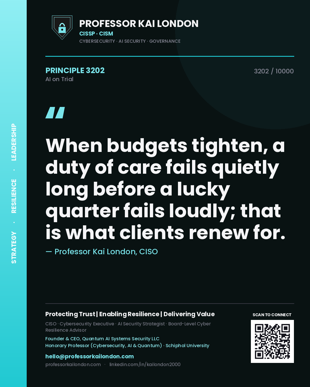 Quote card by Professor Kai London reading 'When budgets tighten, a duty of care fails quietly long before a lucky quarter fails loudly; that is what clients renew for.'. From the book AI on Trial.