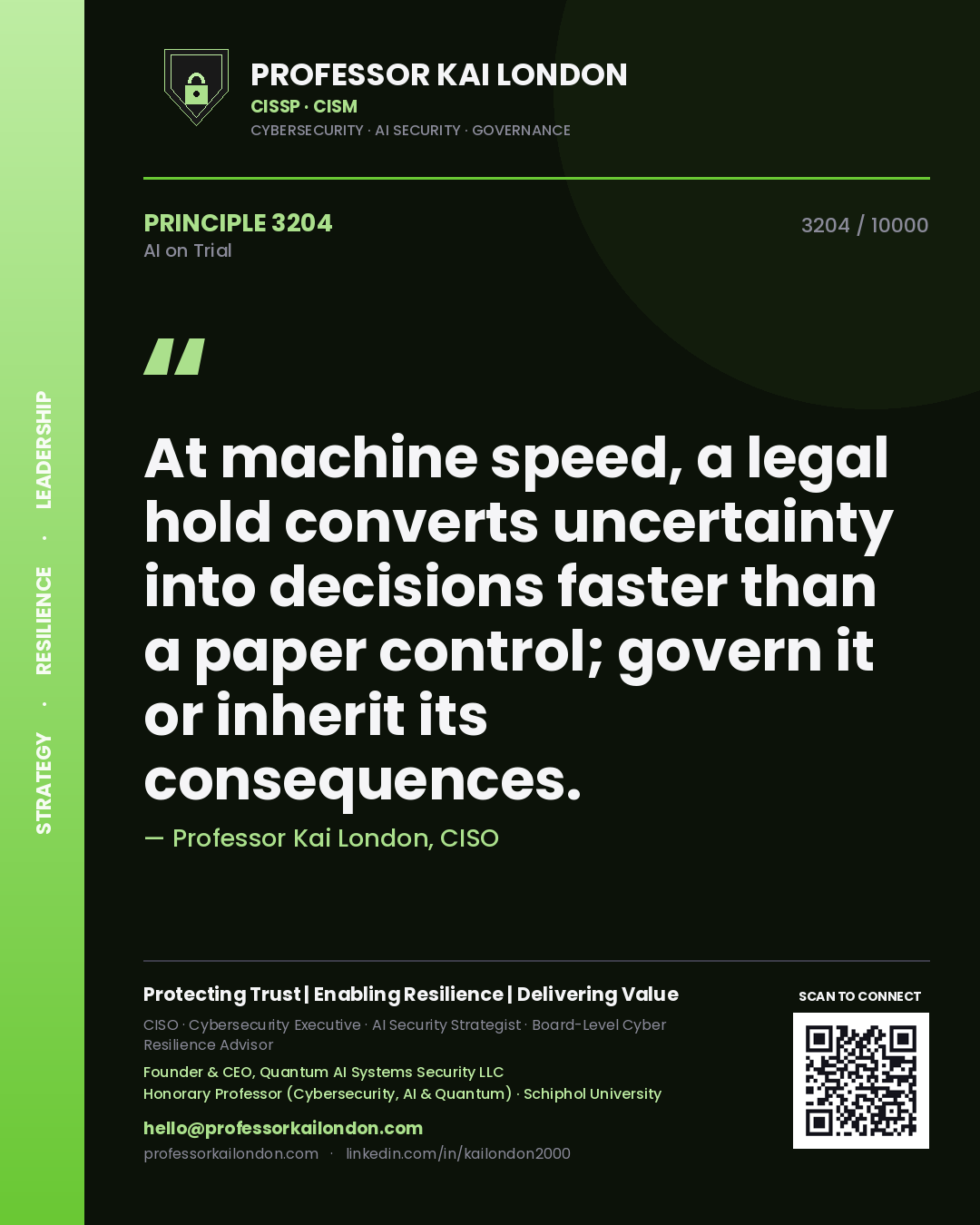 Professor Kai London principle 3204: At machine speed, a legal hold converts uncertainty into decisions faster than a paper control; govern it or inherit its consequences.