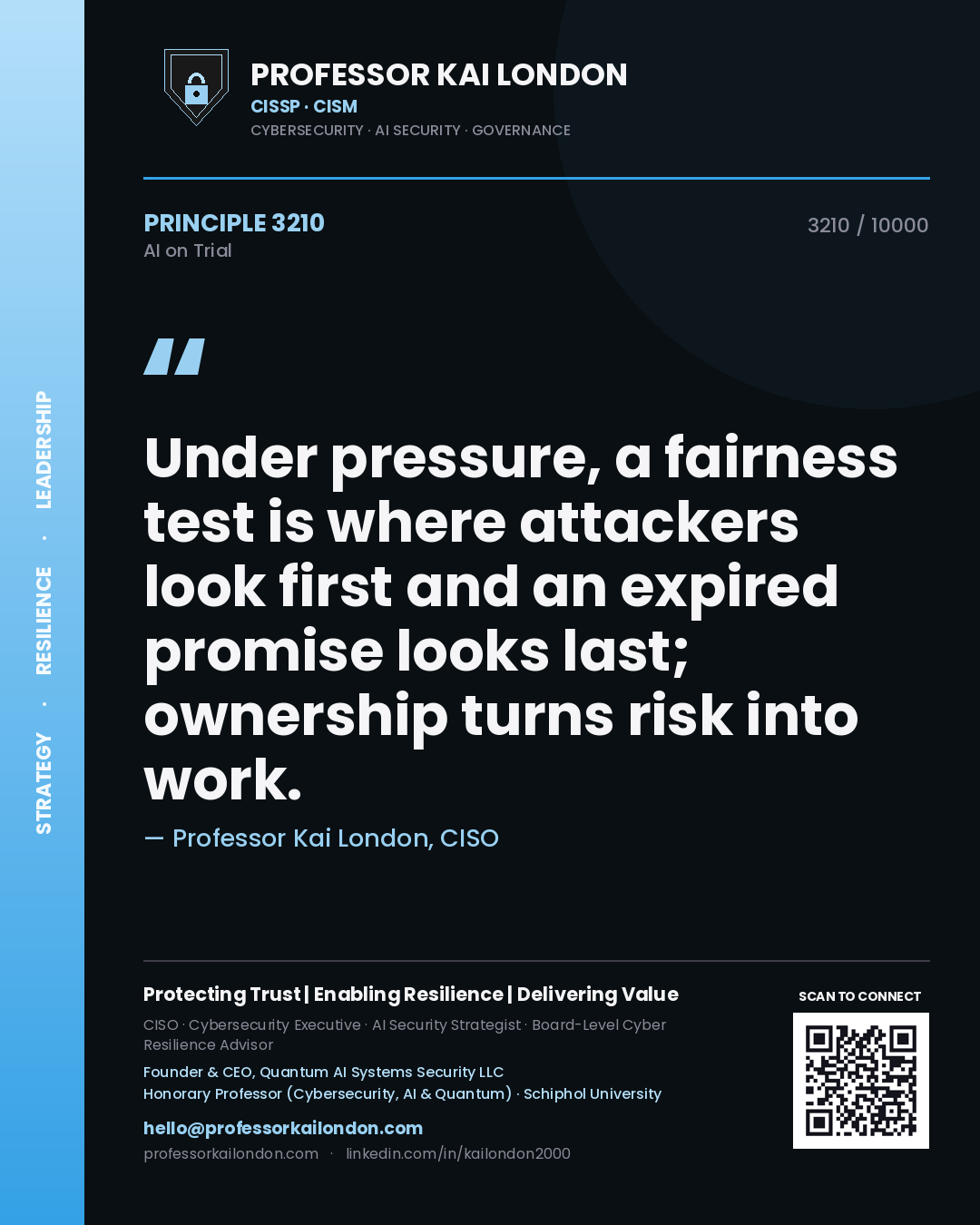 Professor Kai London principle 3210: Under pressure, a fairness test is where attackers look first and an expired promise looks last; ownership turns risk into work.