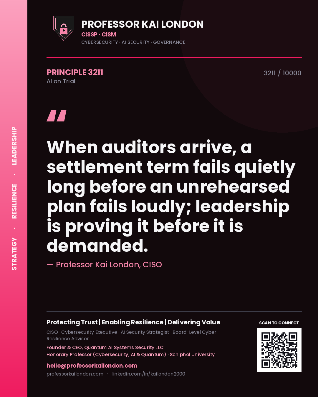 Quote card by Professor Kai London reading 'When auditors arrive, a settlement term fails quietly long before an unrehearsed plan fails loudly; leadership is proving it before it is demanded.'. From the book AI on Trial.