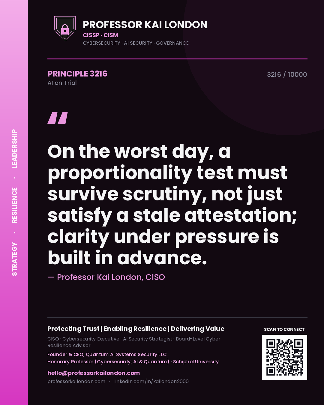 Professor Kai London principle 3216: On the worst day, a proportionality test must survive scrutiny, not just satisfy a stale attestation; clarity under pressure is built in advance.