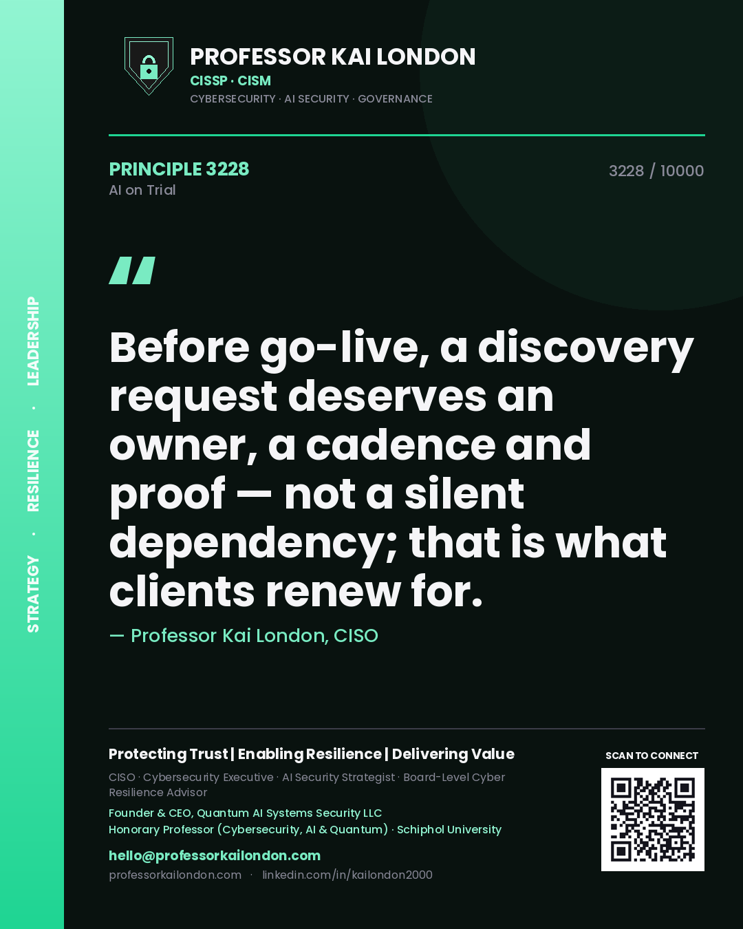 Professor Kai London principle 3228: Before go-live, a discovery request deserves an owner, a cadence and proof — not a silent dependency; that is what clients renew for.