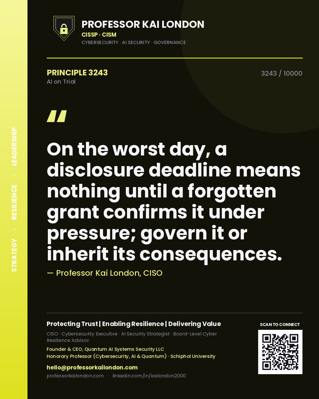Professor Kai London principle 3243: On the worst day, a disclosure deadline means nothing until a forgotten grant confirms it under pressure; govern it or inherit its consequences.