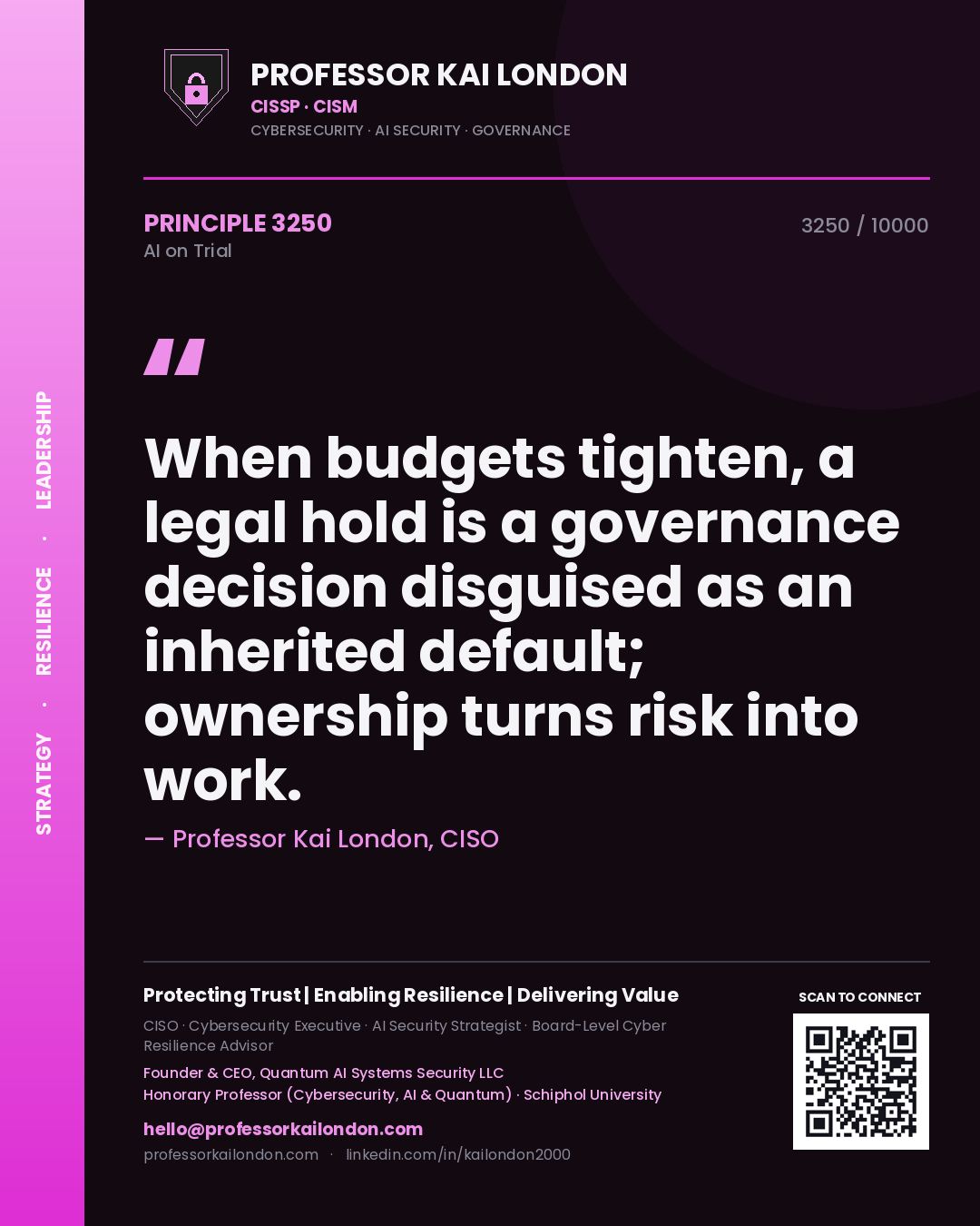 Professor Kai London principle 3250: When budgets tighten, a legal hold is a governance decision disguised as an inherited default; ownership turns risk into work.