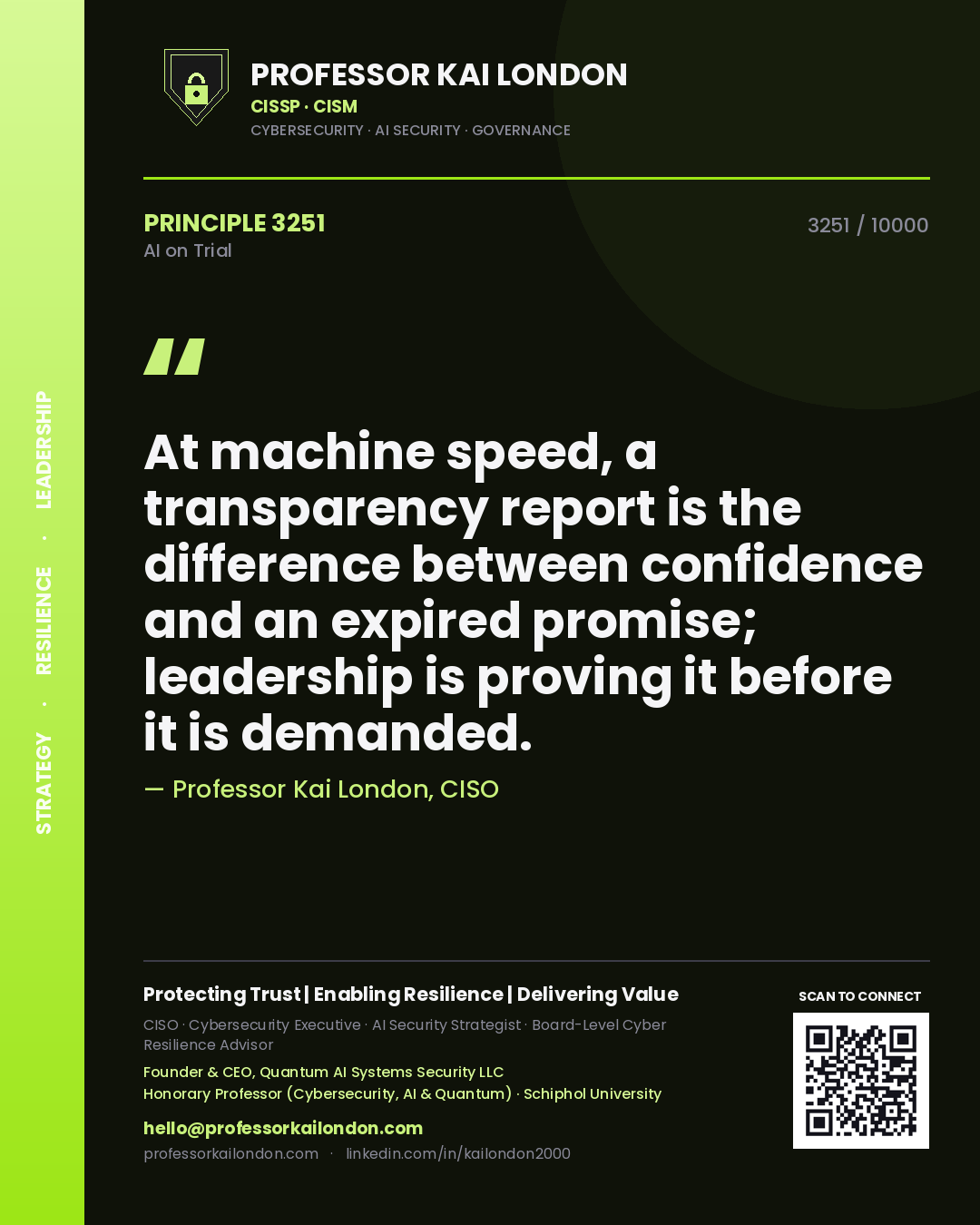 Quote card by Professor Kai London reading 'At machine speed, a transparency report is the difference between confidence and an expired promise; leadership is proving it before it is demanded.'. From the book AI on Trial.