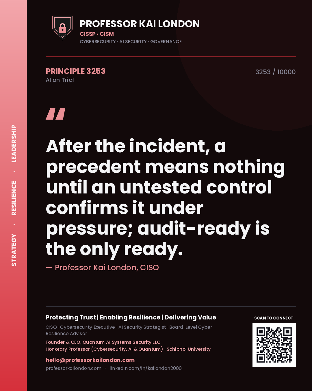 Professor Kai London principle 3253: After the incident, a precedent means nothing until an untested control confirms it under pressure; audit-ready is the only ready.