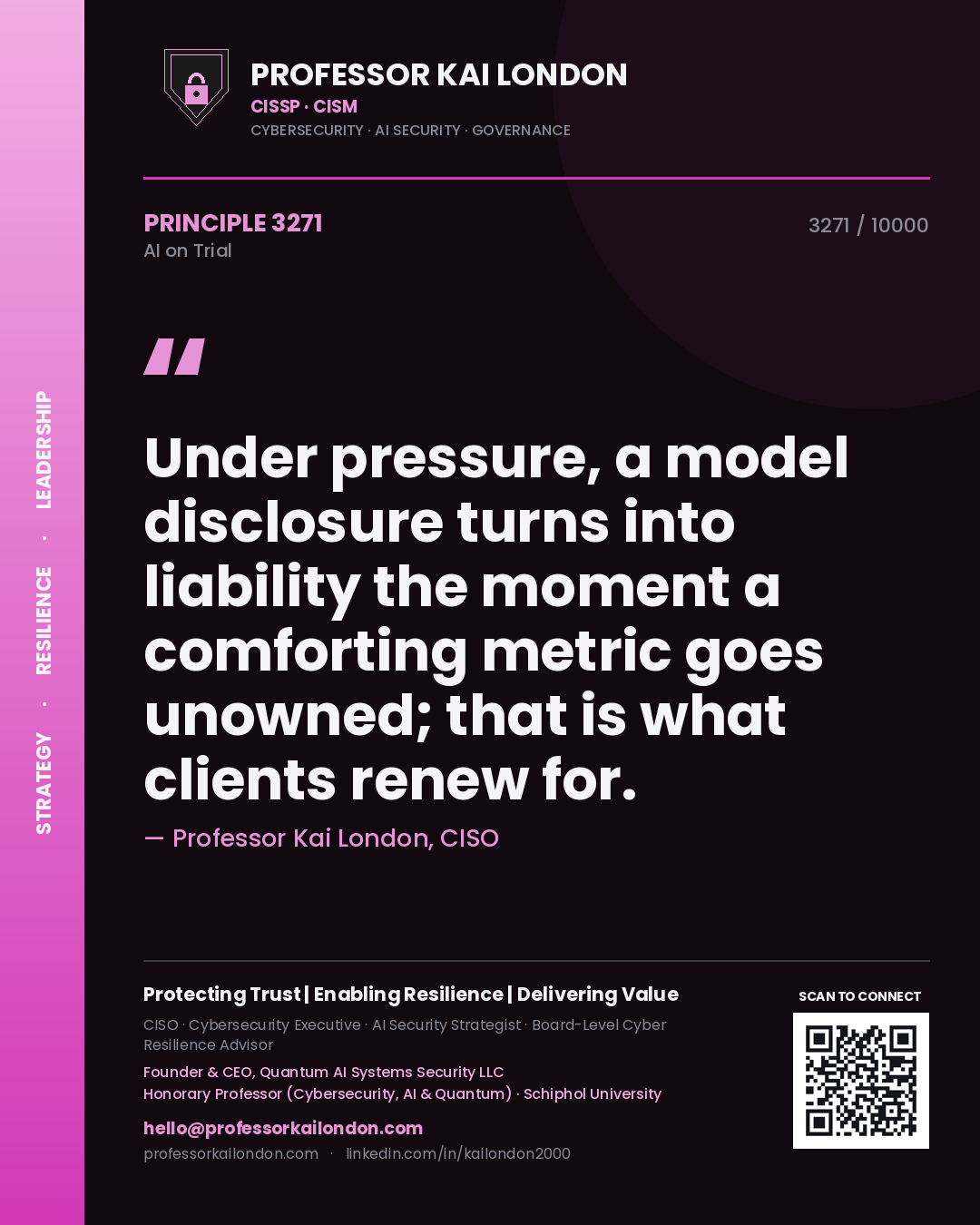 Professor Kai London principle 3271: Under pressure, a model disclosure turns into liability the moment a comforting metric goes unowned; that is what clients renew for.