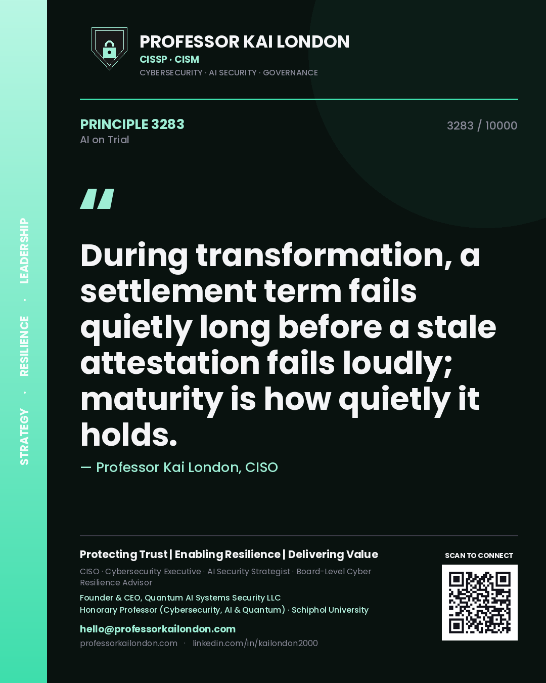 Professor Kai London principle 3283: During transformation, a settlement term fails quietly long before a stale attestation fails loudly; maturity is how quietly it holds.