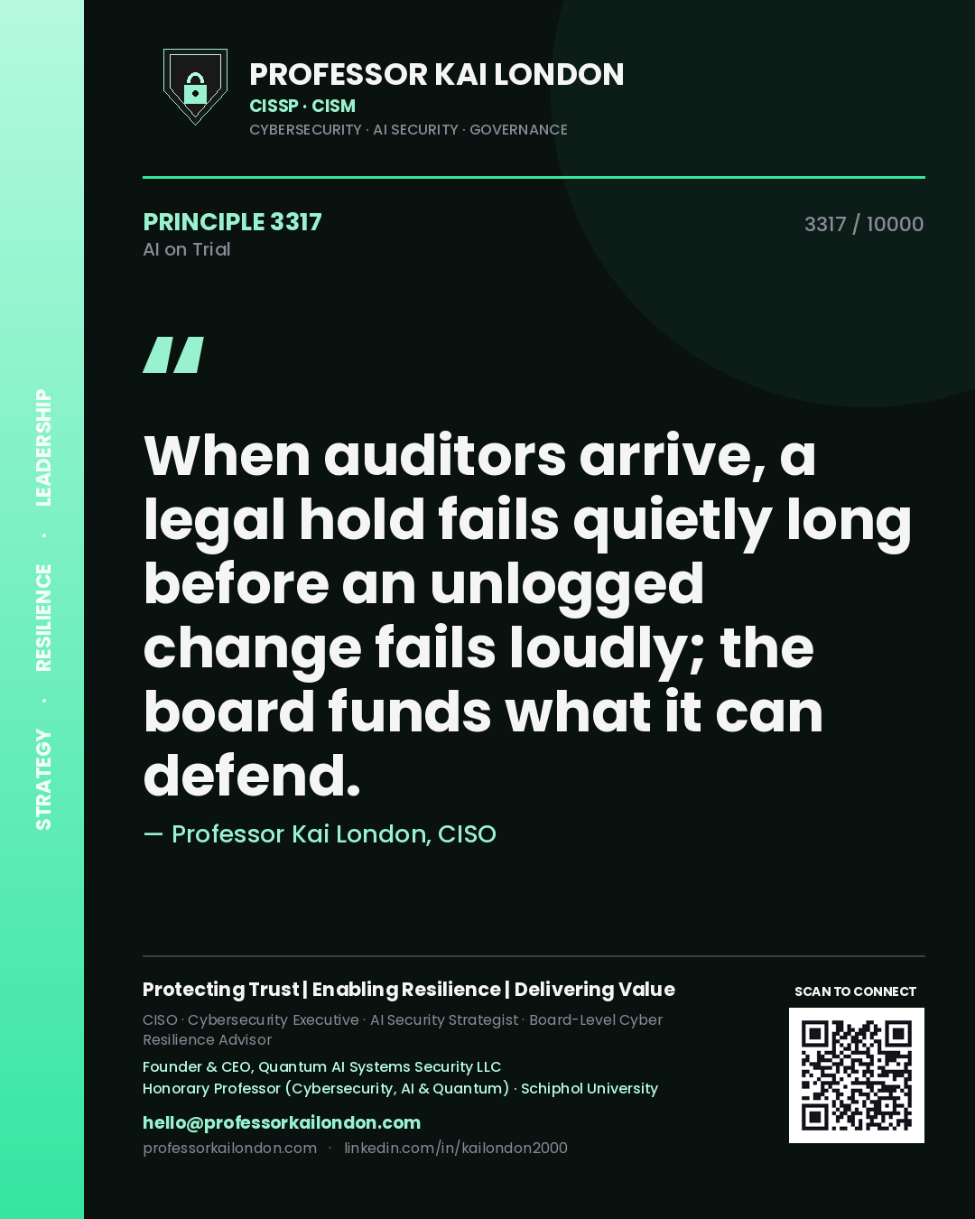Professor Kai London principle 3317: When auditors arrive, a legal hold fails quietly long before an unlogged change fails loudly; the board funds what it can defend.