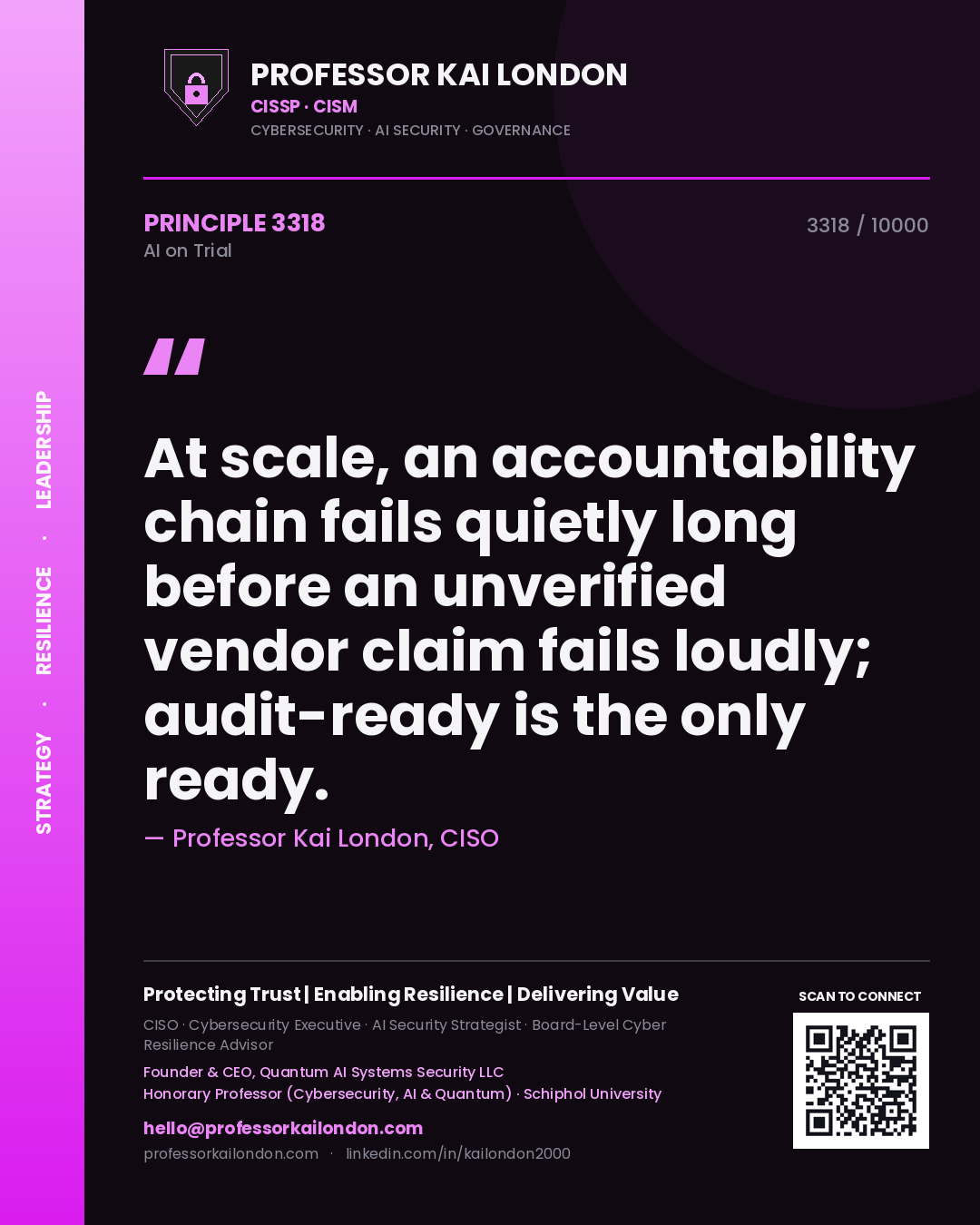 Quote card by Professor Kai London reading 'At scale, an accountability chain fails quietly long before an unverified vendor claim fails loudly; audit-ready is the only ready.'. From the book AI on Trial.