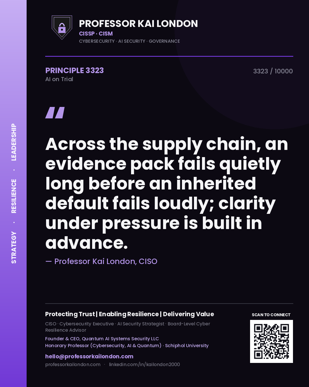 Quote card by Professor Kai London reading 'Across the supply chain, an evidence pack fails quietly long before an inherited default fails loudly; clarity under pressure is built in advance.'. From the book AI on Trial.