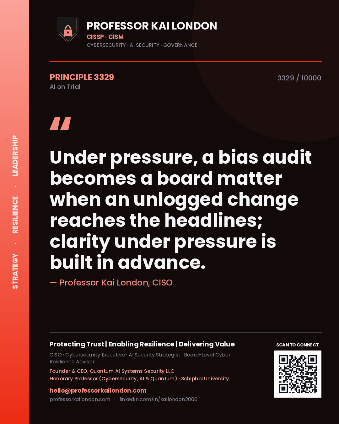 Professor Kai London principle 3329: Under pressure, a bias audit becomes a board matter when an unlogged change reaches the headlines; clarity under pressure is built in advance.