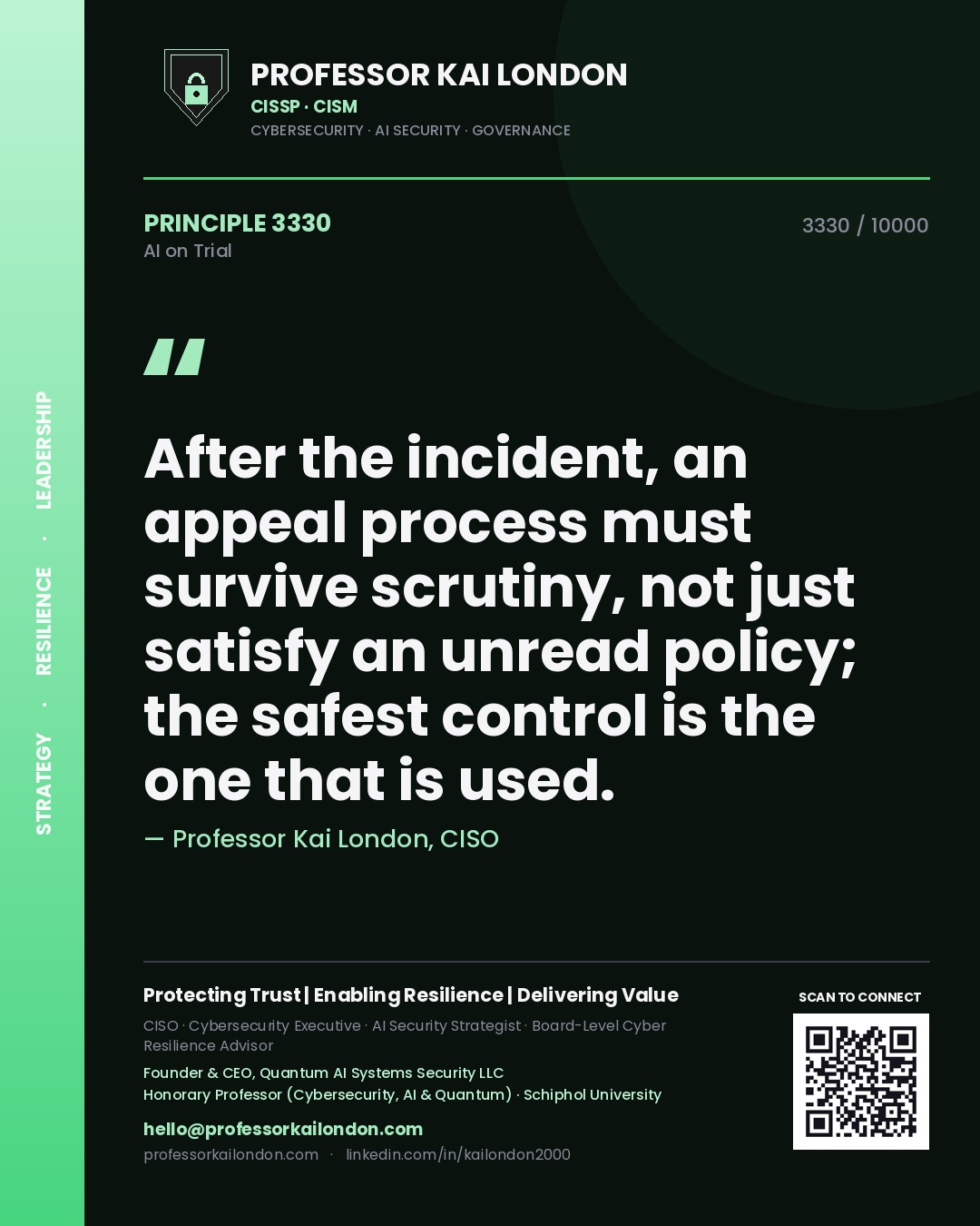 Professor Kai London principle 3330: After the incident, an appeal process must survive scrutiny, not just satisfy an unread policy; the safest control is the one that is used.