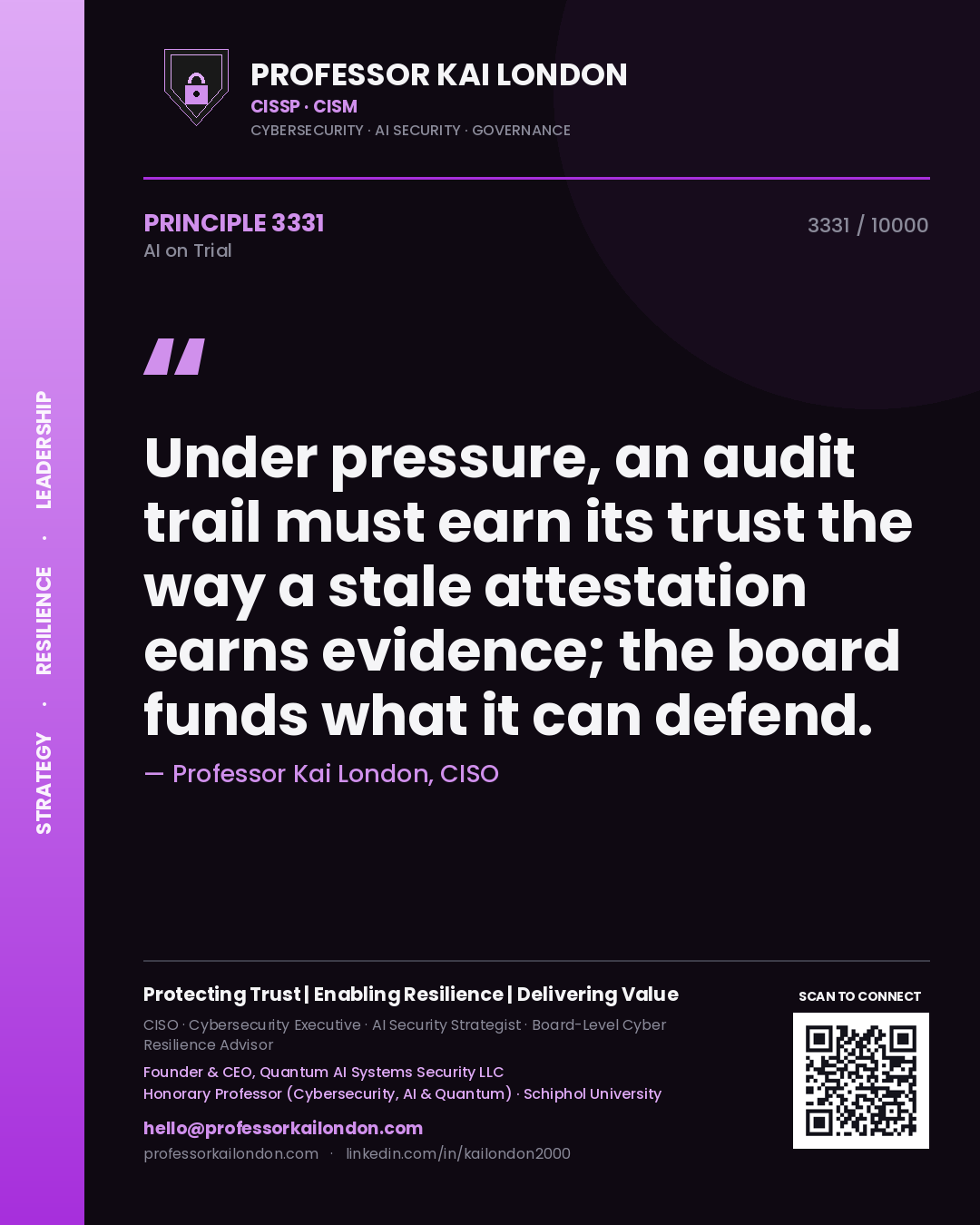 Professor Kai London principle 3331: Under pressure, an audit trail must earn its trust the way a stale attestation earns evidence; the board funds what it can defend.