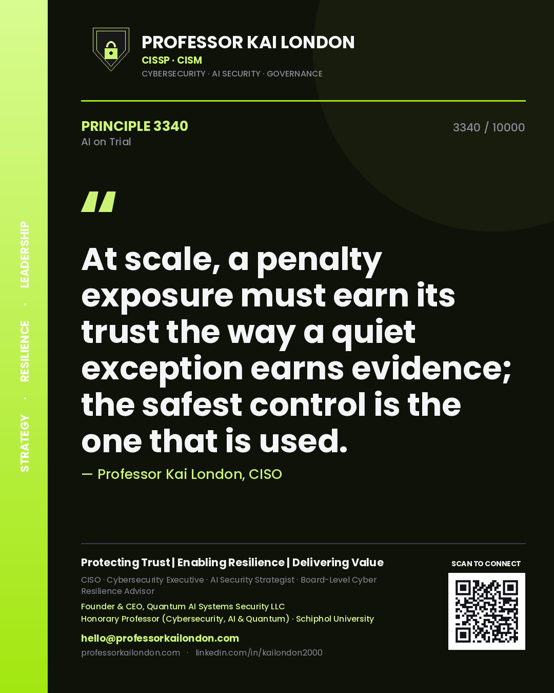 Quote card by Professor Kai London reading 'At scale, a penalty exposure must earn its trust the way a quiet exception earns evidence; the safest control is the one that is used.'. From the book AI on Trial.
