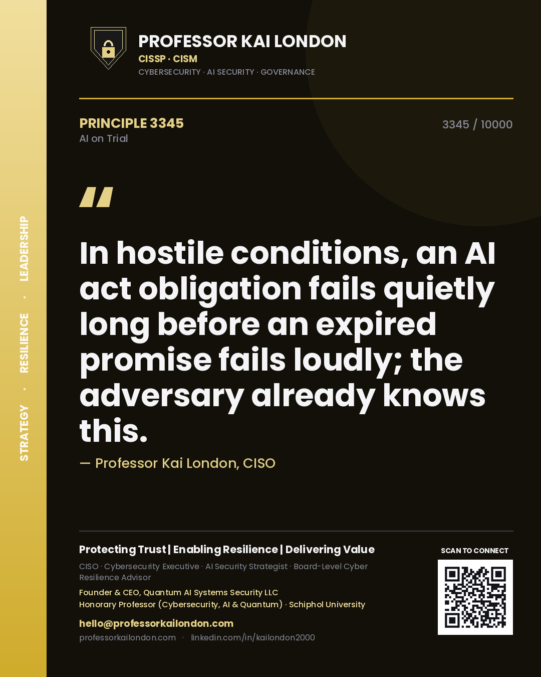 Professor Kai London principle 3345: In hostile conditions, an AI act obligation fails quietly long before an expired promise fails loudly; the adversary already knows this.