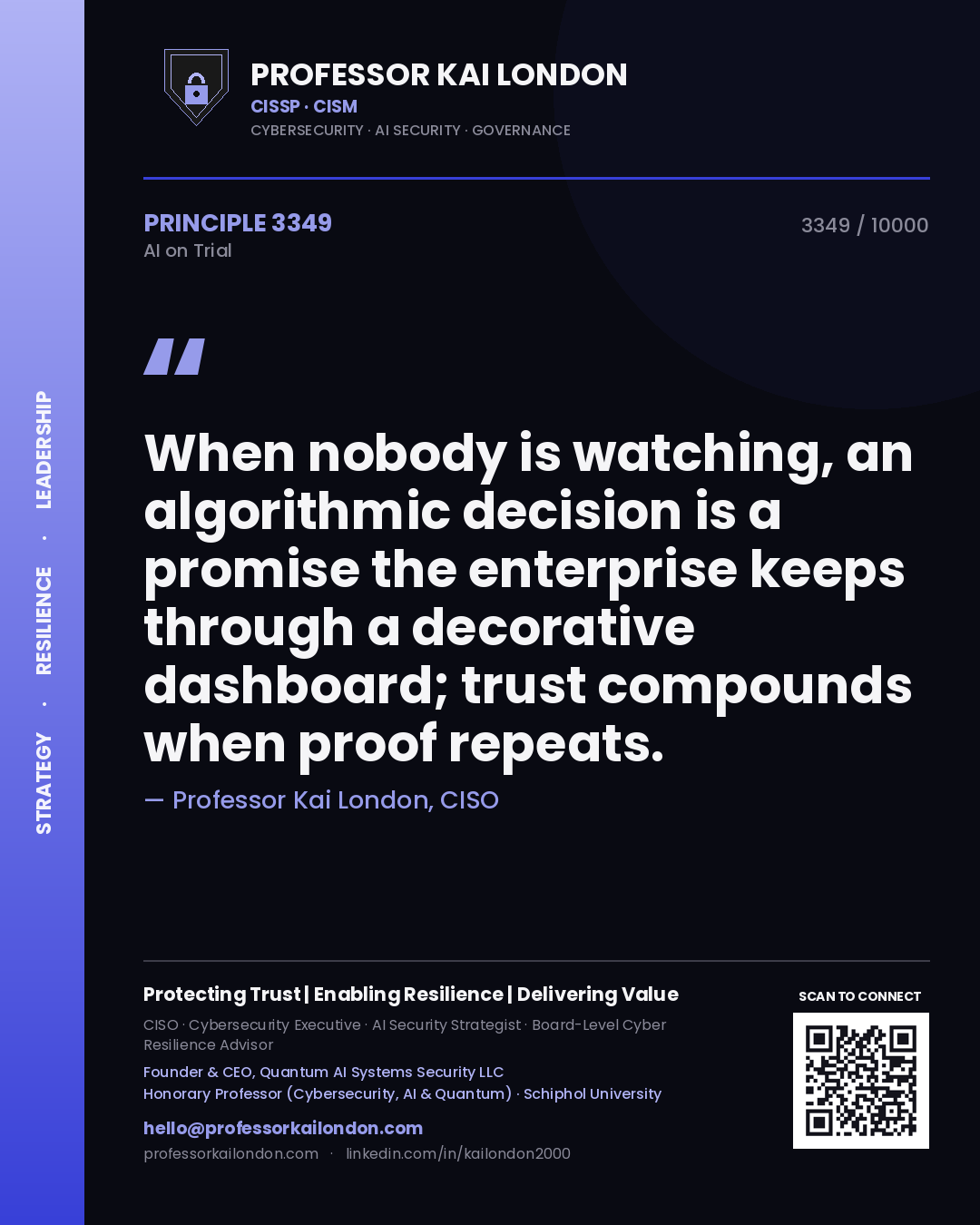 Quote card by Professor Kai London reading 'When nobody is watching, an algorithmic decision is a promise the enterprise keeps through a decorative dashboard; trust compounds when proof repeats.'. From the book AI on Trial.
