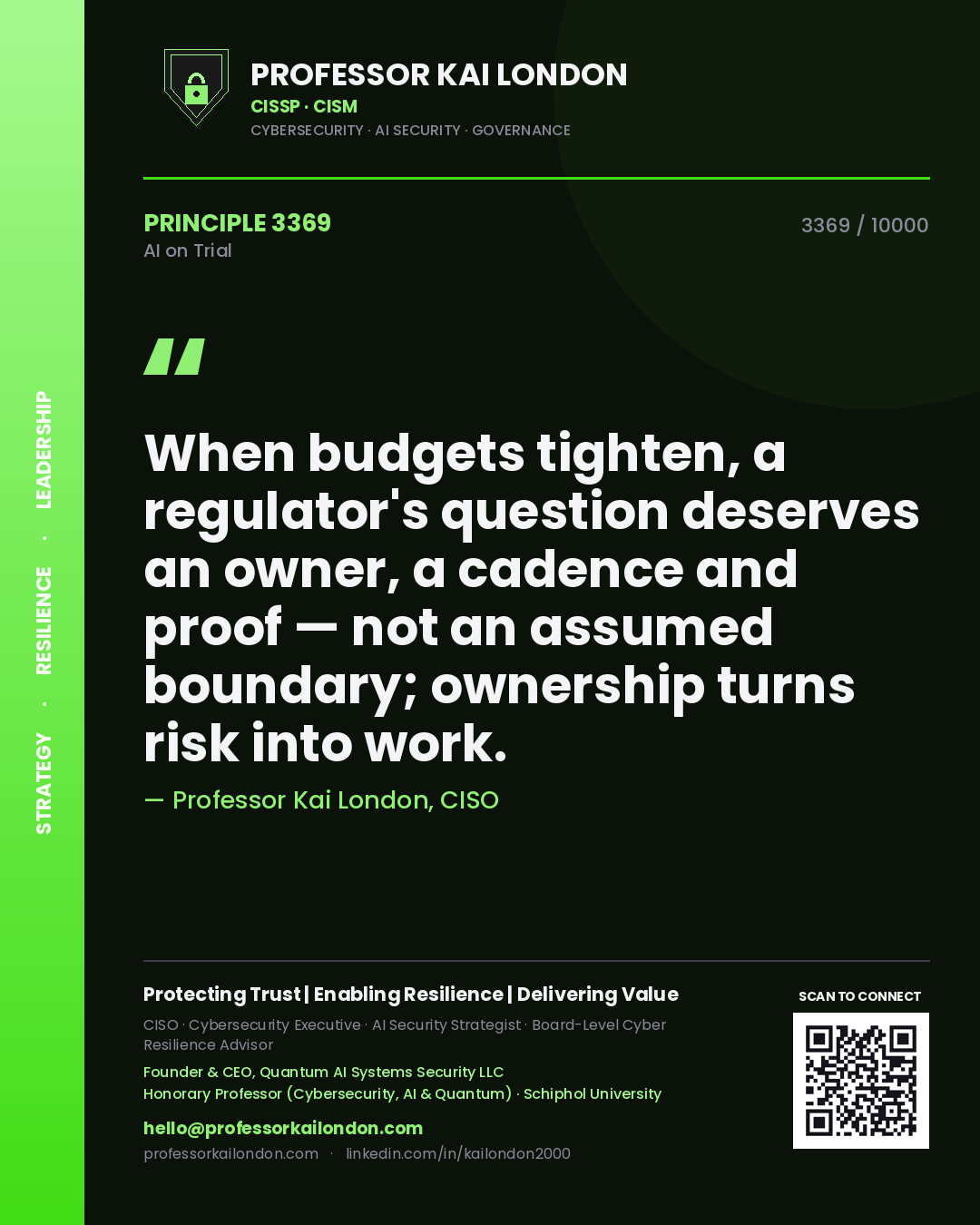 Quote card by Professor Kai London reading 'When budgets tighten, a regulator's question deserves an owner, a cadence and proof — not an assumed boundary; ownership turns risk into work.'. From the book AI on Trial.