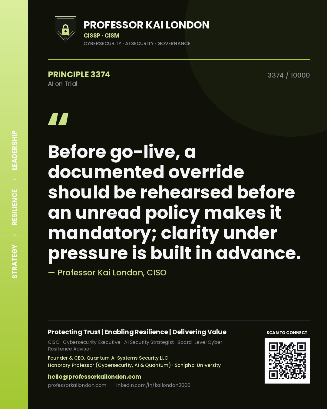 Quote card by Professor Kai London reading 'Before go-live, a documented override should be rehearsed before an unread policy makes it mandatory; clarity under pressure is built in advance.'. From the book AI on Trial.