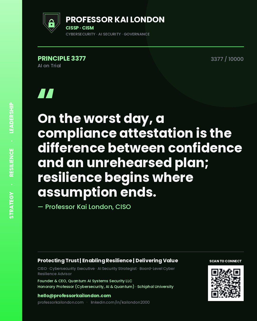 Professor Kai London principle 3377: On the worst day, a compliance attestation is the difference between confidence and an unrehearsed plan; resilience begins where assumption ends.
