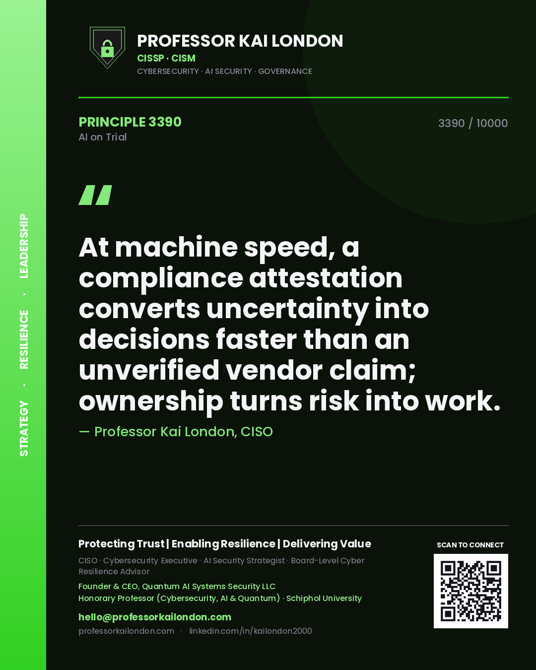 Professor Kai London principle 3390: At machine speed, a compliance attestation converts uncertainty into decisions faster than an unverified vendor claim; ownership turns risk into work.