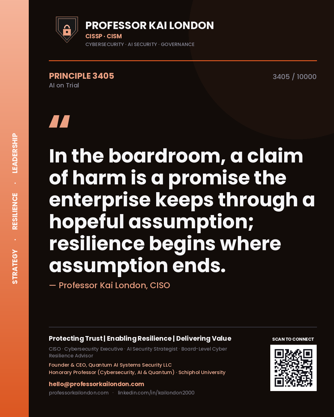 Professor Kai London principle 3405: In the boardroom, a claim of harm is a promise the enterprise keeps through a hopeful assumption; resilience begins where assumption ends.
