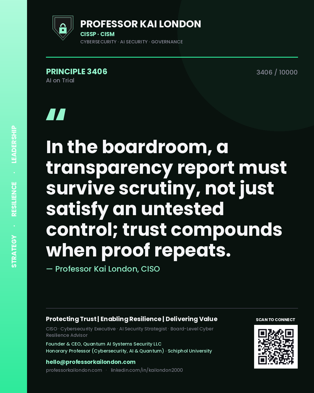 Quote card by Professor Kai London reading 'In the boardroom, a transparency report must survive scrutiny, not just satisfy an untested control; trust compounds when proof repeats.'. From the book AI on Trial.