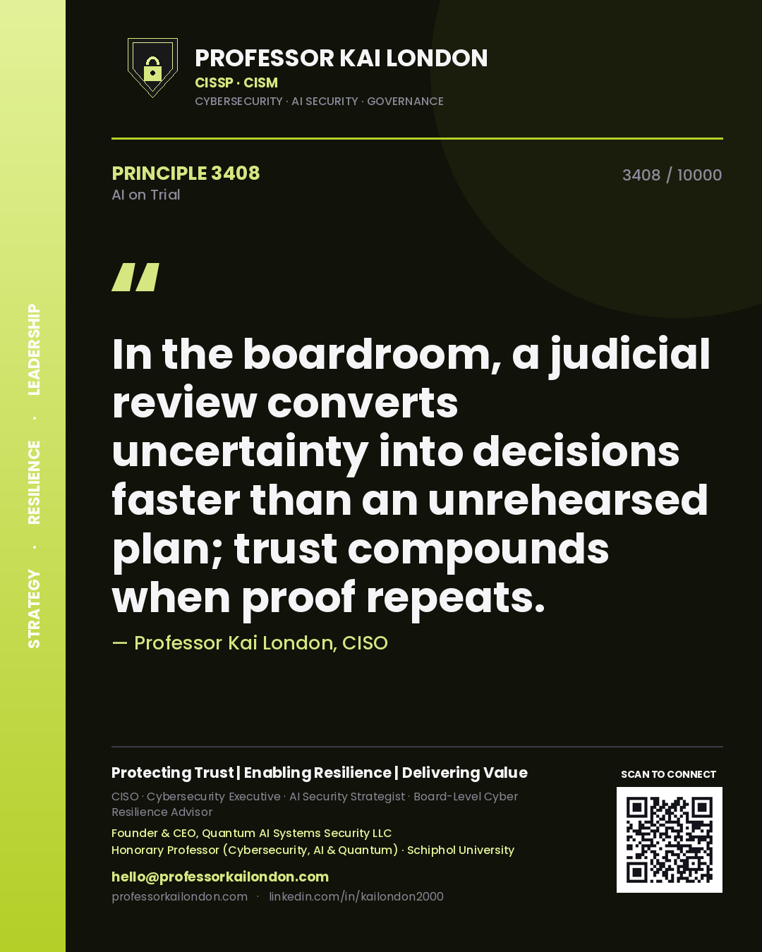 Professor Kai London principle 3408: In the boardroom, a judicial review converts uncertainty into decisions faster than an unrehearsed plan; trust compounds when proof repeats.