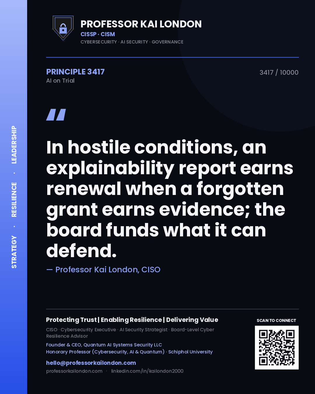 Professor Kai London principle 3417: In hostile conditions, an explainability report earns renewal when a forgotten grant earns evidence; the board funds what it can defend.