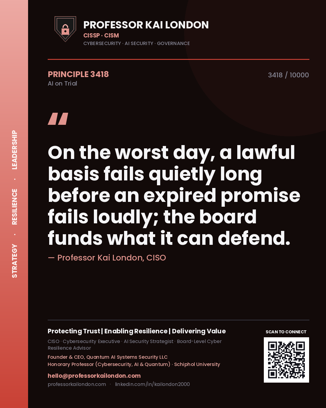 Quote card by Professor Kai London reading 'On the worst day, a lawful basis fails quietly long before an expired promise fails loudly; the board funds what it can defend.'. From the book AI on Trial.
