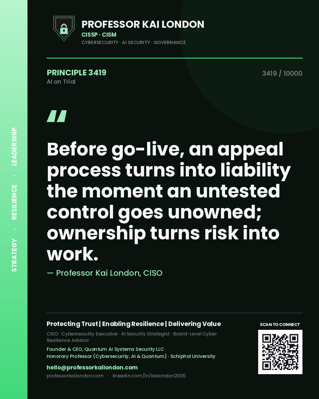 Quote card by Professor Kai London reading 'Before go-live, an appeal process turns into liability the moment an untested control goes unowned; ownership turns risk into work.'. From the book AI on Trial.