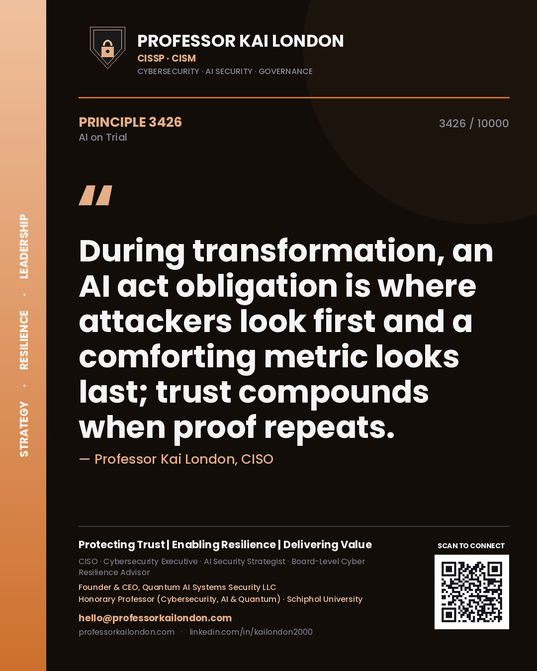 Professor Kai London principle 3426: During transformation, an AI act obligation is where attackers look first and a comforting metric looks last; trust compounds when proof repeats.