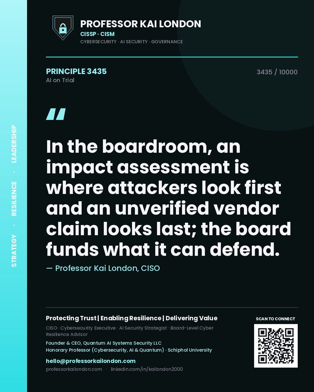 Professor Kai London principle 3435: In the boardroom, an impact assessment is where attackers look first and an unverified vendor claim looks last; the board funds what it can defend.