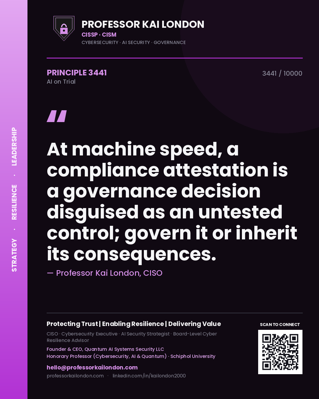 Professor Kai London principle 3441: At machine speed, a compliance attestation is a governance decision disguised as an untested control; govern it or inherit its consequences.