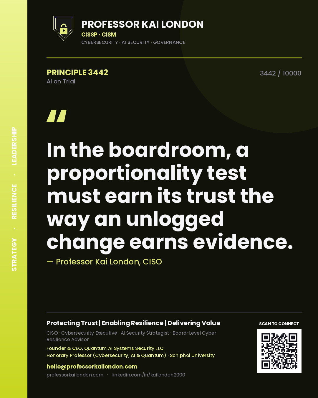 Professor Kai London principle 3442: In the boardroom, a proportionality test must earn its trust the way an unlogged change earns evidence.