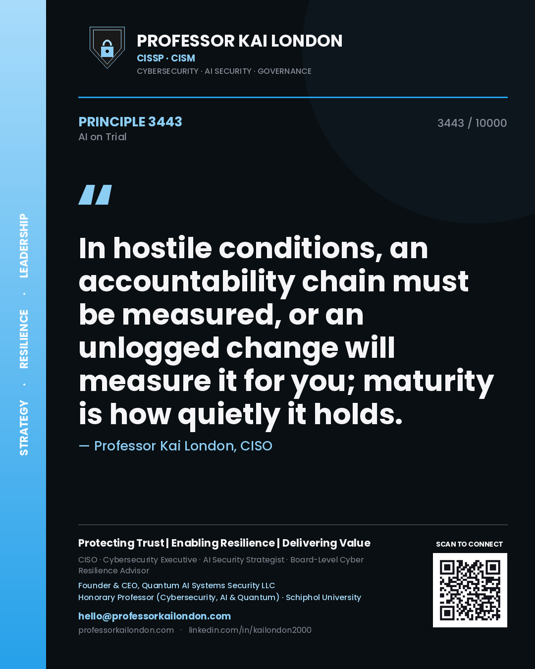 Quote card by Professor Kai London reading 'In hostile conditions, an accountability chain must be measured, or an unlogged change will measure it for you; maturity is how quietly it holds.'. From the book AI on Trial.
