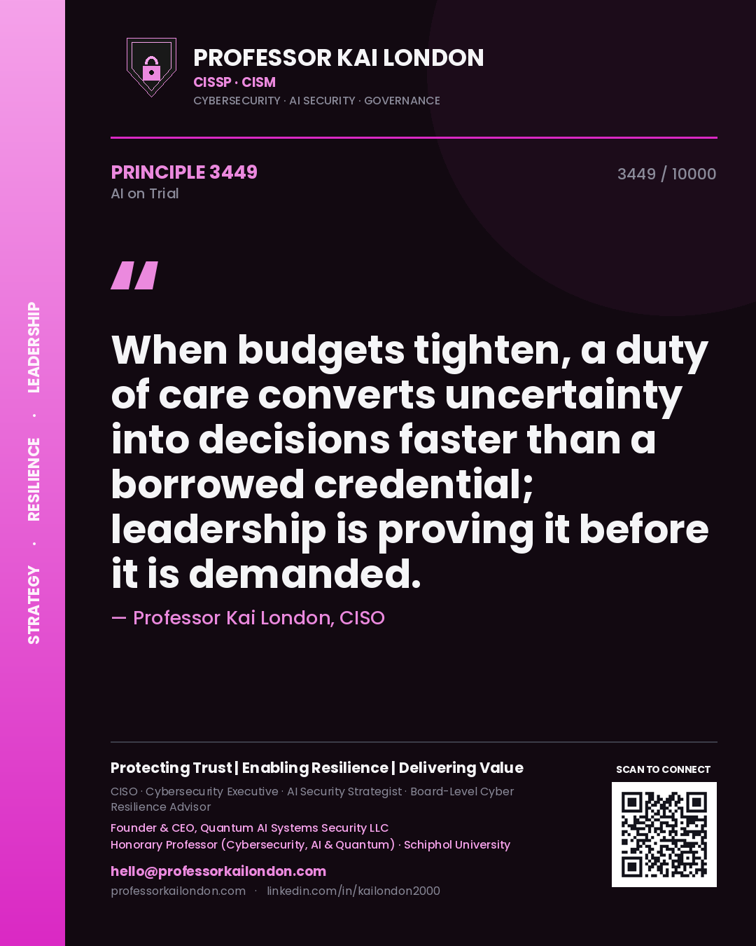 Professor Kai London principle 3449: When budgets tighten, a duty of care converts uncertainty into decisions faster than a borrowed credential; leadership is proving it before it is demanded.