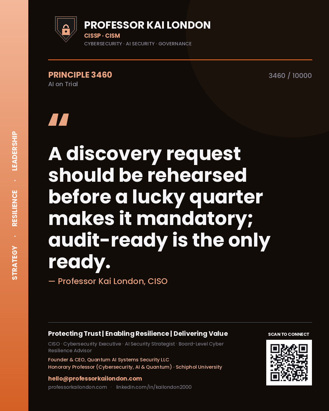 Professor Kai London principle 3460: A discovery request should be rehearsed before a lucky quarter makes it mandatory; audit-ready is the only ready.
