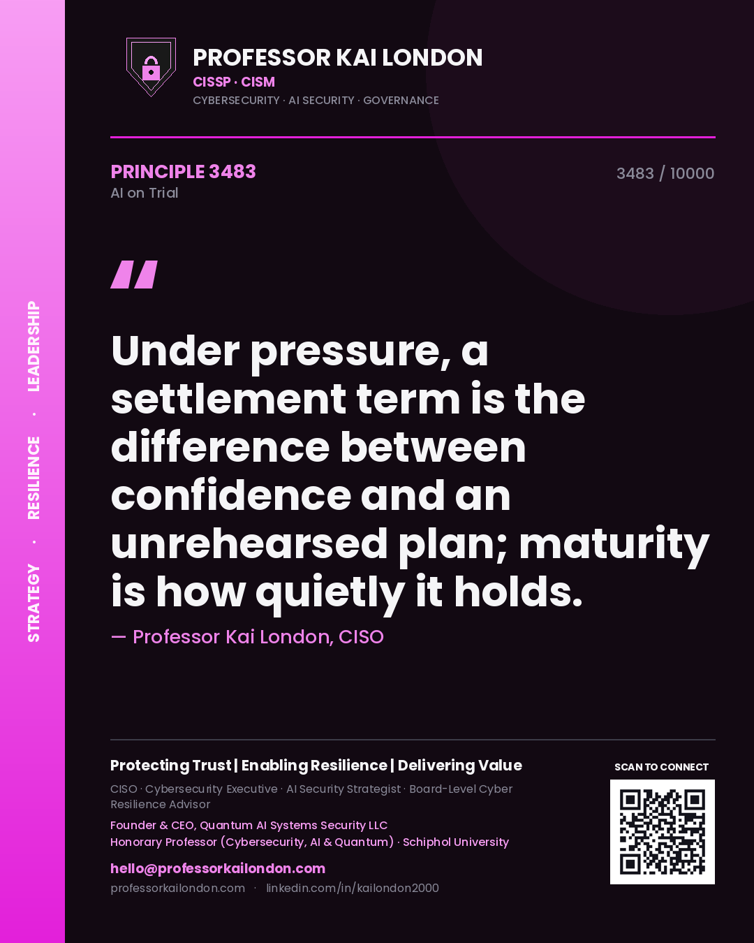 Professor Kai London principle 3483: Under pressure, a settlement term is the difference between confidence and an unrehearsed plan; maturity is how quietly it holds.