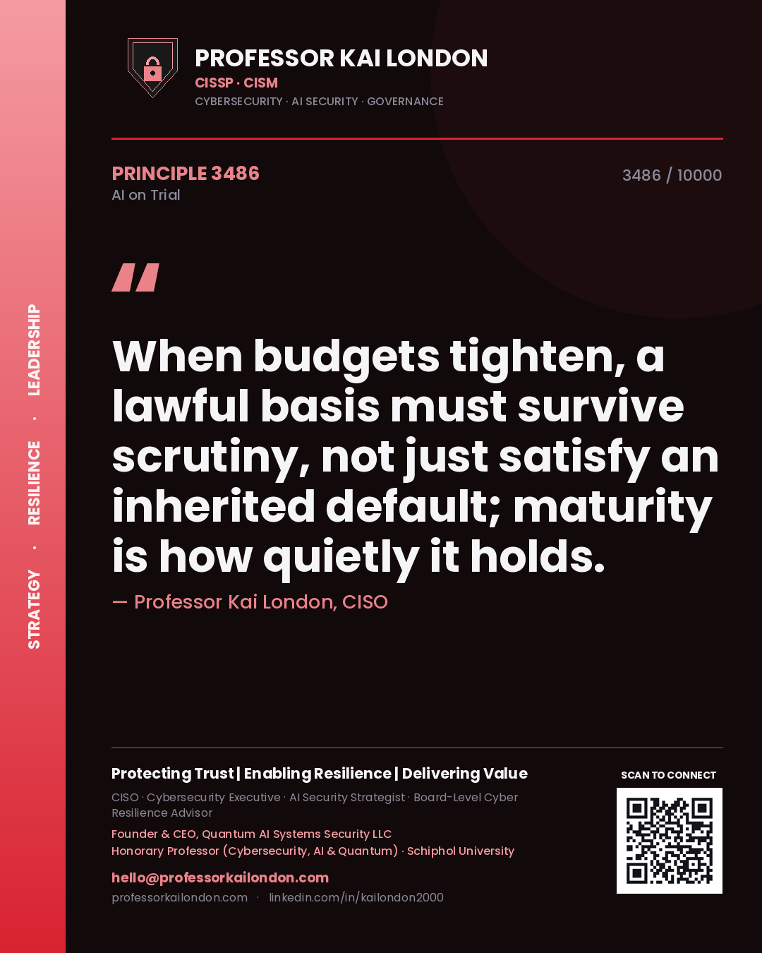 Professor Kai London principle 3486: When budgets tighten, a lawful basis must survive scrutiny, not just satisfy an inherited default; maturity is how quietly it holds.
