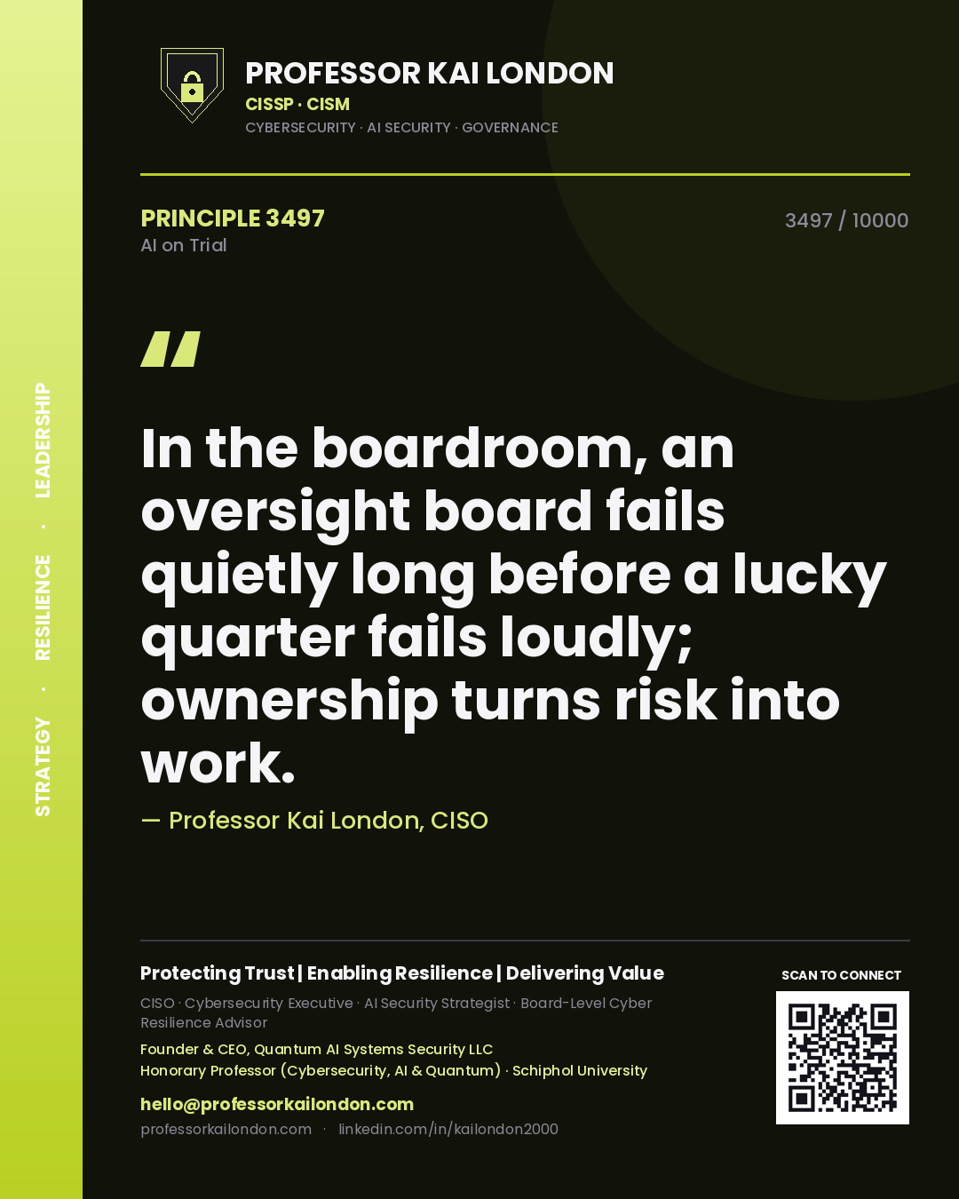 Professor Kai London principle 3497: In the boardroom, an oversight board fails quietly long before a lucky quarter fails loudly; ownership turns risk into work.