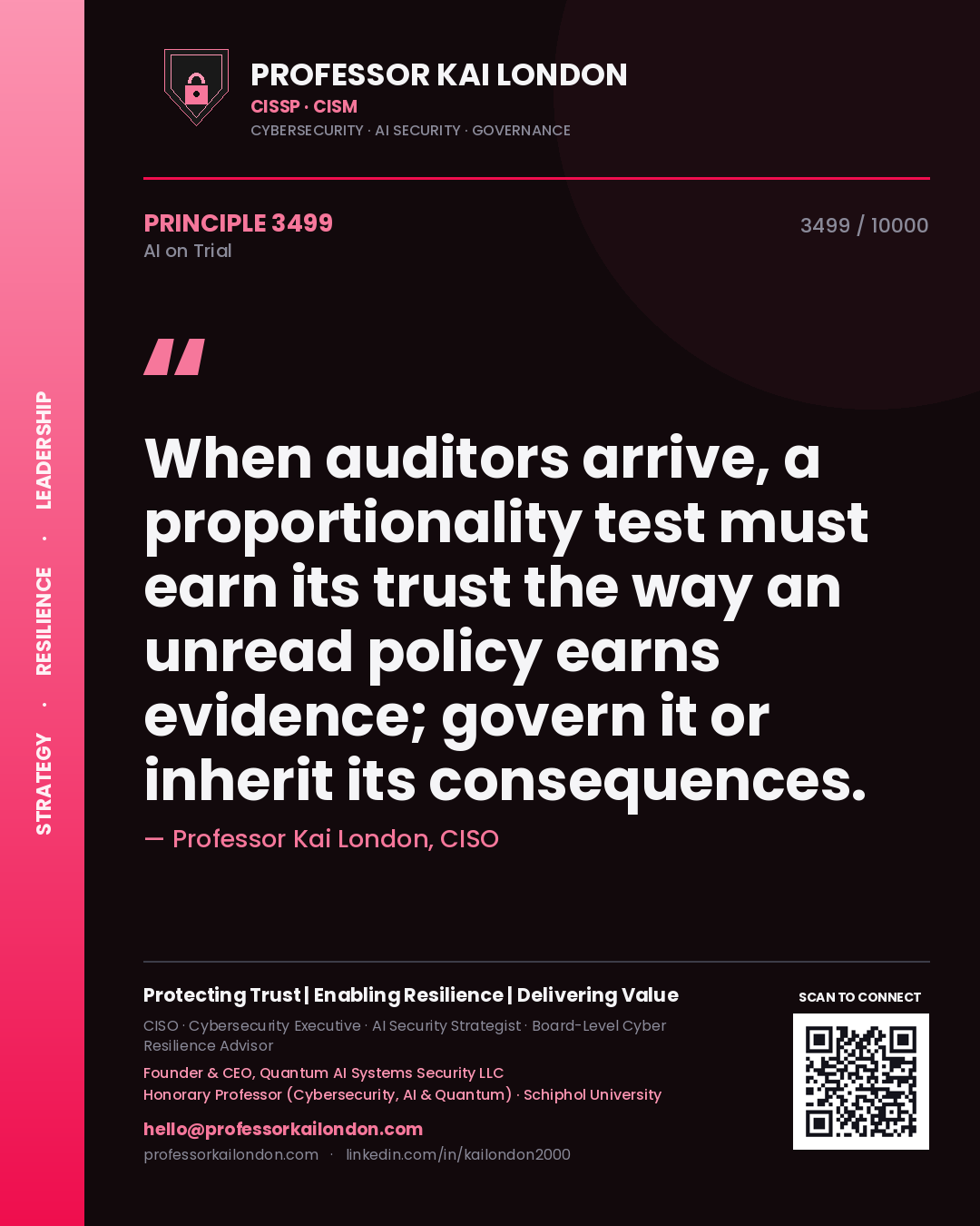 Professor Kai London principle 3499: When auditors arrive, a proportionality test must earn its trust the way an unread policy earns evidence; govern it or inherit its consequences.